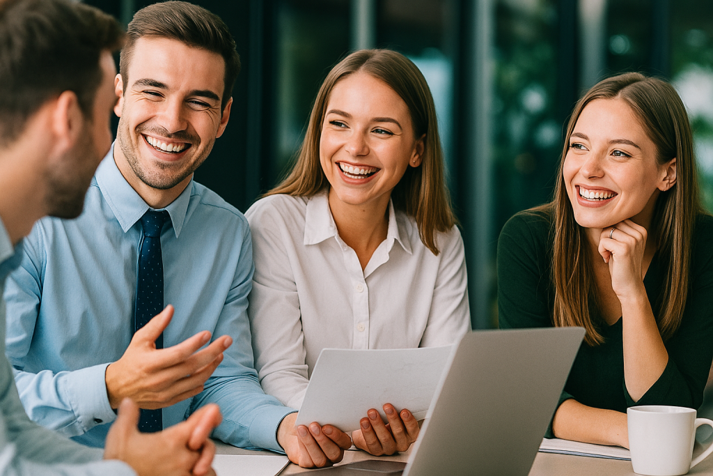 Echipă tânără de profesioniști discutând strategia de social media la birou, laptopuri și zâmbete — concept vizual Brand Mastery